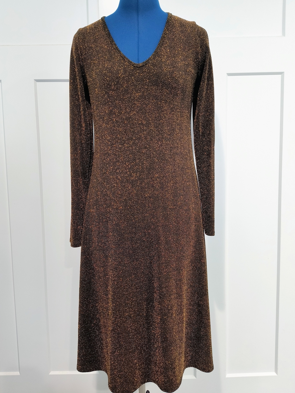 cedar & GOLD Long Sleeve Shimmer A-Line Dress in Bronze, Size S.